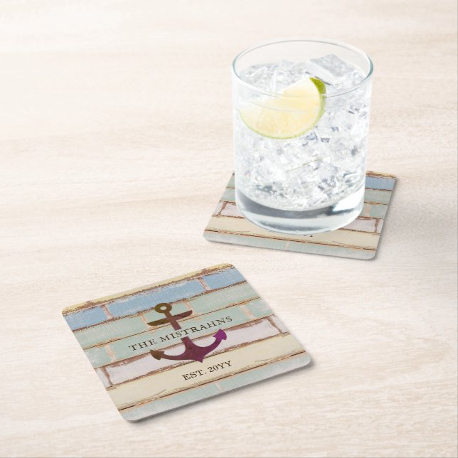 Nautical Anchor Rustic Wood Boat Name Square Paper Coaster (Insitu)