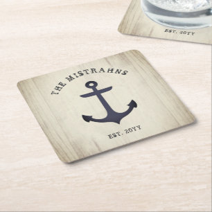 Nautical Anchor Rustic Wood Boat Name Square Paper Coaster