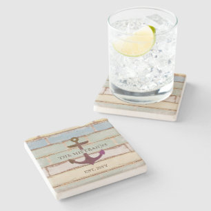 Nautical Anchor Rustic Wood Boat Name Stone Coaster