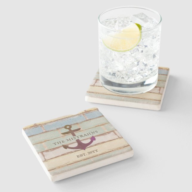 Nautical Anchor Rustic Wood Boat Name Stone Coaster (Side)
