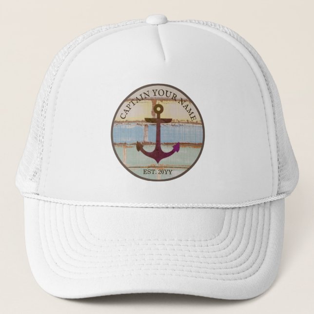 Nautical Anchor Rustic Wood Boat Name Trucker Hat (Front)
