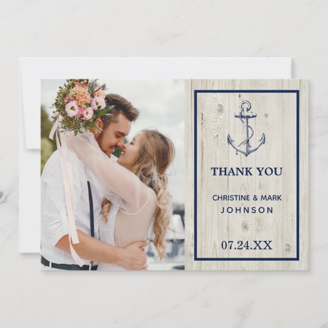 Nautical Anchor Rustic Wood Photo Thank You Card (Front)
