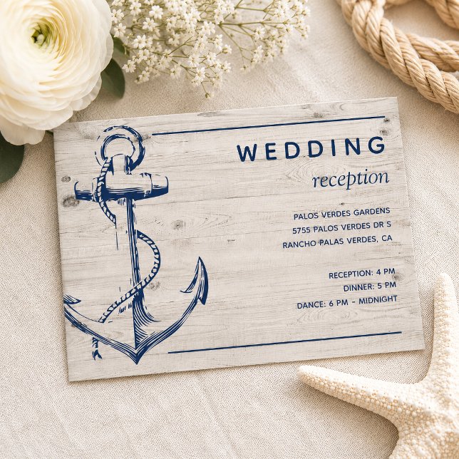 Nautical Anchor Rustic Wood Wedding Reception Enclosure Card (Tie the knot with this rustic light wood nautical sketch anchor wedding reception card. )