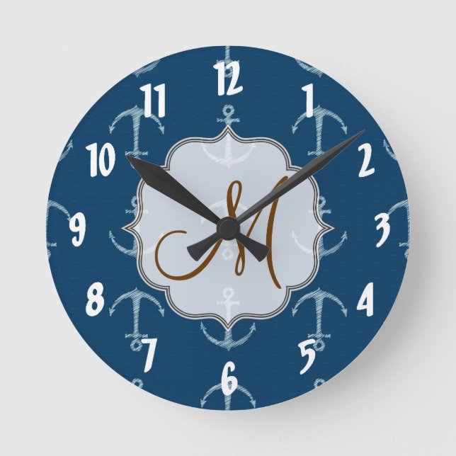 Nautical Anchor Sail Monogram Initial Wall Clock (Front)
