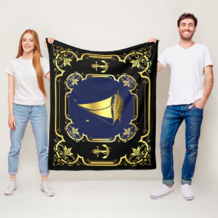 Nautical anchor/sailboat black/gold/blue fleece blanket
