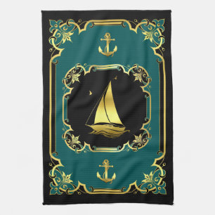 Nautical anchor/sailboat gilded black/gold/aqua tea towel