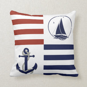 Nautical anchor/sailboat red/navy blue stripe cushion