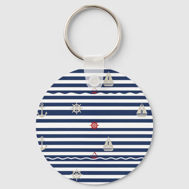Nautical Anchor Sailboat Stripe Pattern Key Ring (Front)