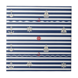 Nautical Anchor Sailboat Stripe Pattern Tile