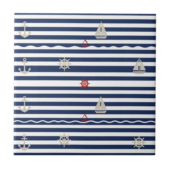 Nautical Anchor Sailboat Stripe Pattern Tile (Front)