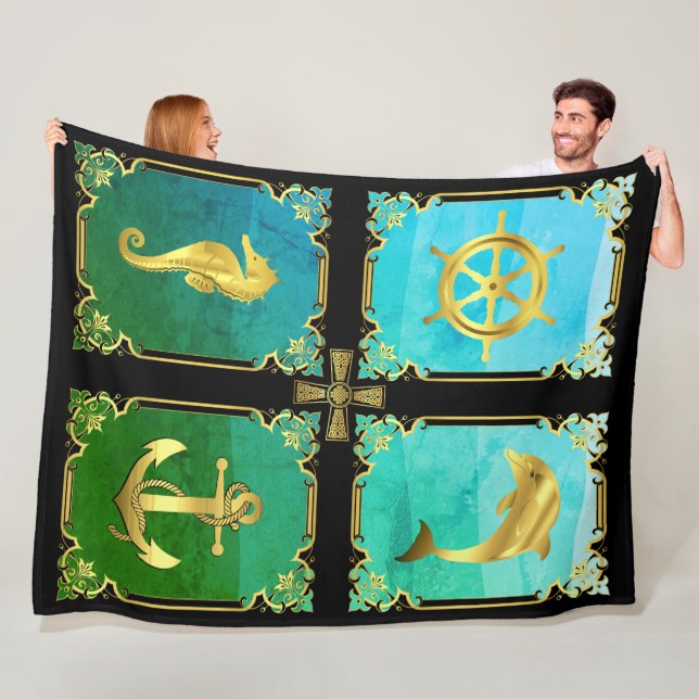 Nautical anchor/sailboat wheel/seahorse/dolphin+ f fleece blanket (In Situ)