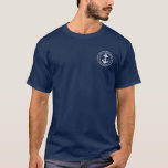 Nautical Anchor Sailing Boat Name Navy Blue Custom T-Shirt<br><div class="desc">Add your boat or captain's name and location by clicking the "Personalise" button above. Set sail in style with our custom nautical-themed boating swag t-shirt, the ultimate companion for your maritime adventures. This tee boasts a cute design inspired by the ocean's wonders, featuring classic maritime motifs such as an anchor...</div>