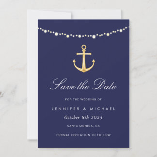 Nautical Anchor Save the Date, Navy Gold Invitation