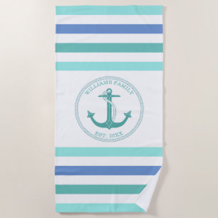 Nautical Anchor Seafoam Striped Monogrammed Name Beach Towel