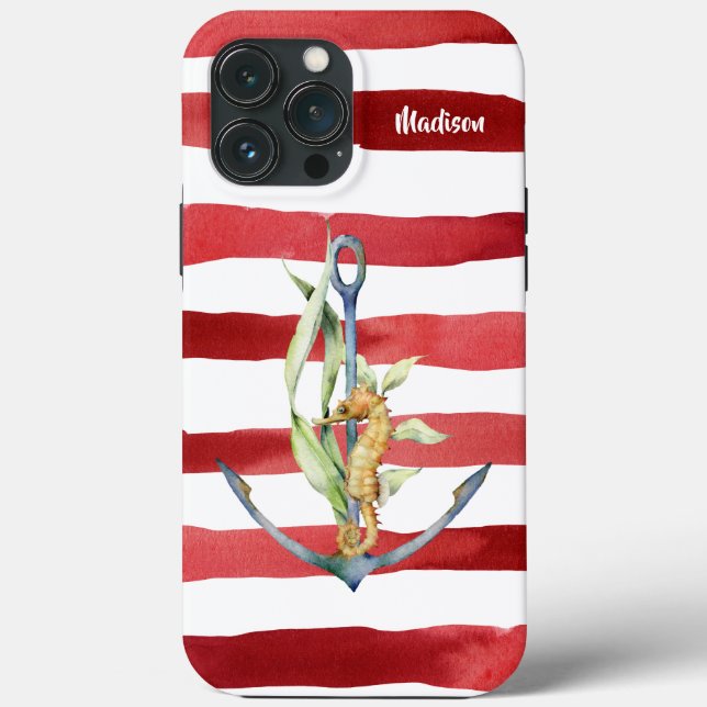 Nautical Anchor Seahorse and Stripes with Name Case-Mate iPhone Case (Back)