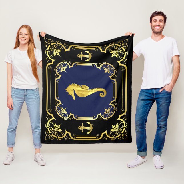 Nautical anchor/seahorse black/gold/blue fleece blanket (In Situ)