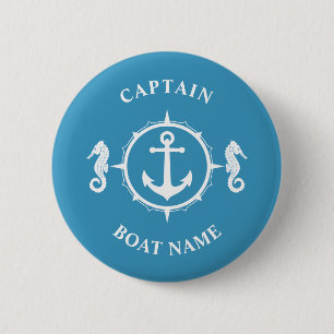 Nautical Anchor Seahorse Captain Boat Name Blue 6 Cm Round Badge