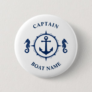 Nautical Anchor Seahorse Captain Boat Name Navy 6 Cm Round Badge