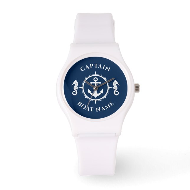 Nautical Anchor Seahorse Captain Boat Name Navy Watch (Front)