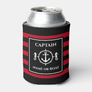 Nautical Anchor Seahorse Captain Name or Boat Red Can Cooler