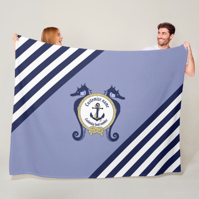 Nautical anchor/seahorse/gold/customise name  thro fleece blanket (In Situ)