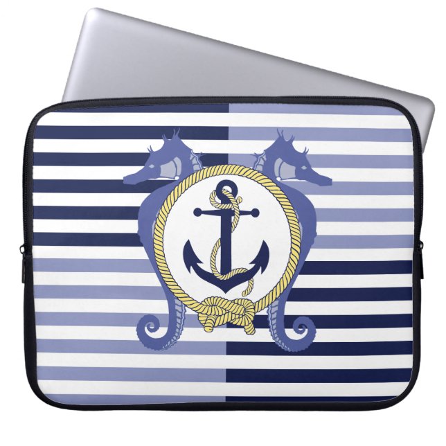 Nautical anchor/Seahorse/ knot/stripes Laptop Sleeve (Front)