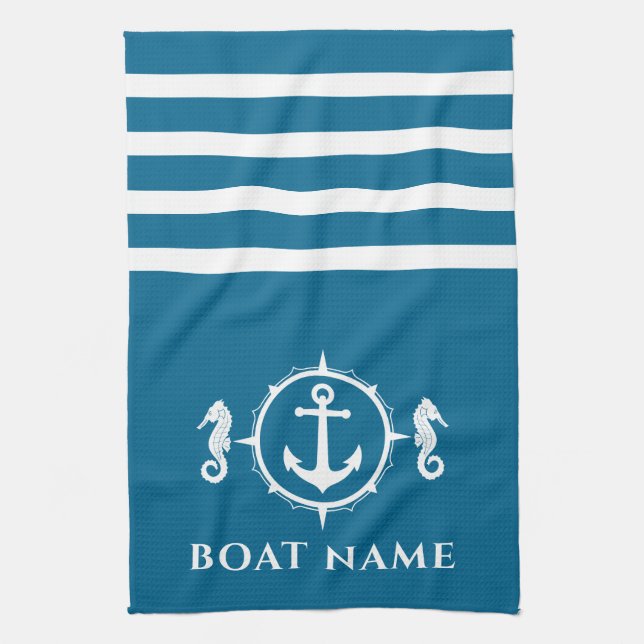 Nautical Anchor Seahorse Your Boat Name Aqua Blue Tea Towel (Vertical)