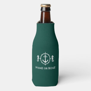 Nautical Anchor Seahorse Your Name or Boat Green Bottle Cooler