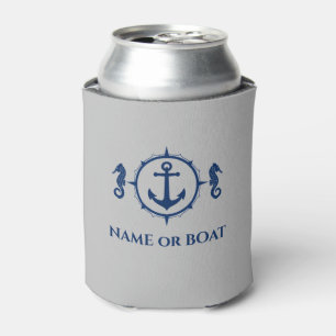Nautical Anchor Seahorse Your Name or Boat Lt Grey Can Cooler