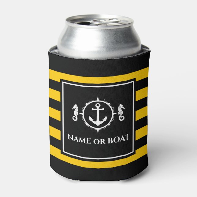 Nautical Anchor Seahorse Your Name or Boat Yellow Can Cooler (Can Front)