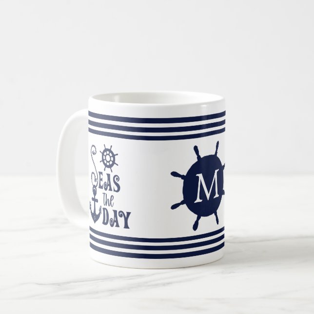 Nautical Anchor SEAS THE DAY Navy Monogrammed Coffee Mug (Front Left)