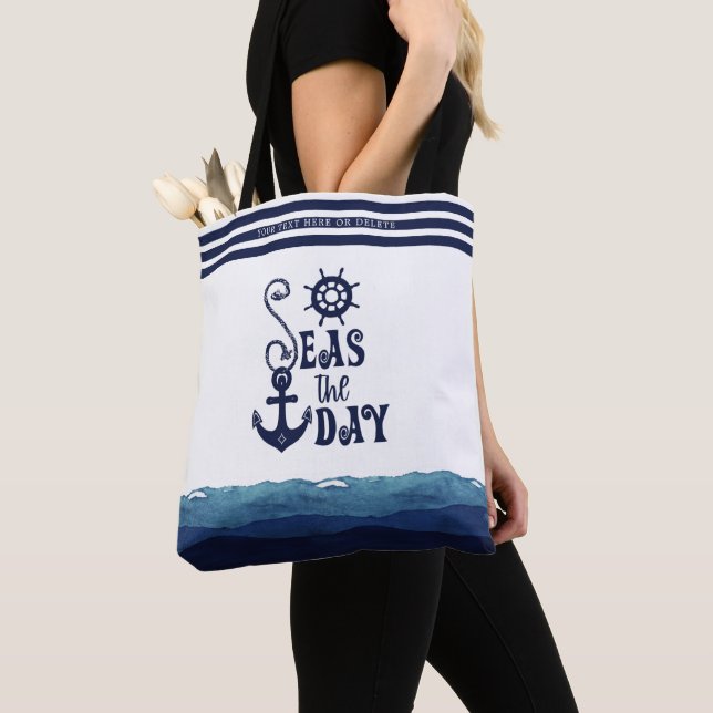 Nautical Anchor SEAS THE DAY Navy Personalised Bea Tote Bag (Close Up)