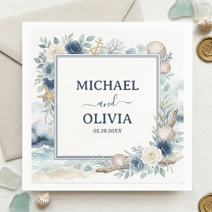 Nautical Anchor Seashell Blue Floral Ocean Wedding Napkin