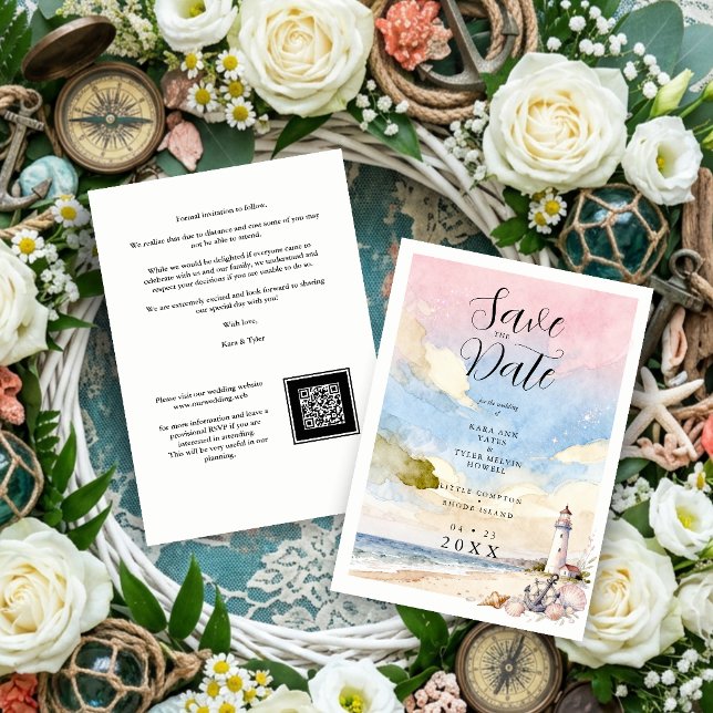 Nautical Anchor & Seashells Coastal Scene Wedding Save The Date (Nautical Anchor & Seashells Coastal Wedding Scene Save the Date Card with Watercolor Effect.)