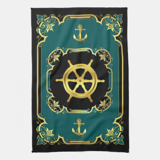 Nautical anchor/ship wheel gilded black/gold/aqua tea towel