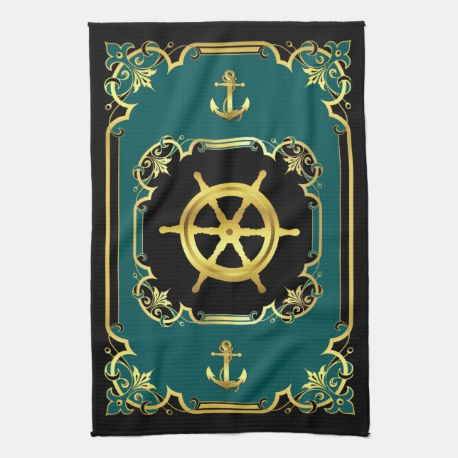 Nautical anchor/ship wheel gilded black/gold/aqua tea towel (Vertical)