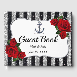 Nautical Anchor Silver Black Stripes Wedding Guest Book
