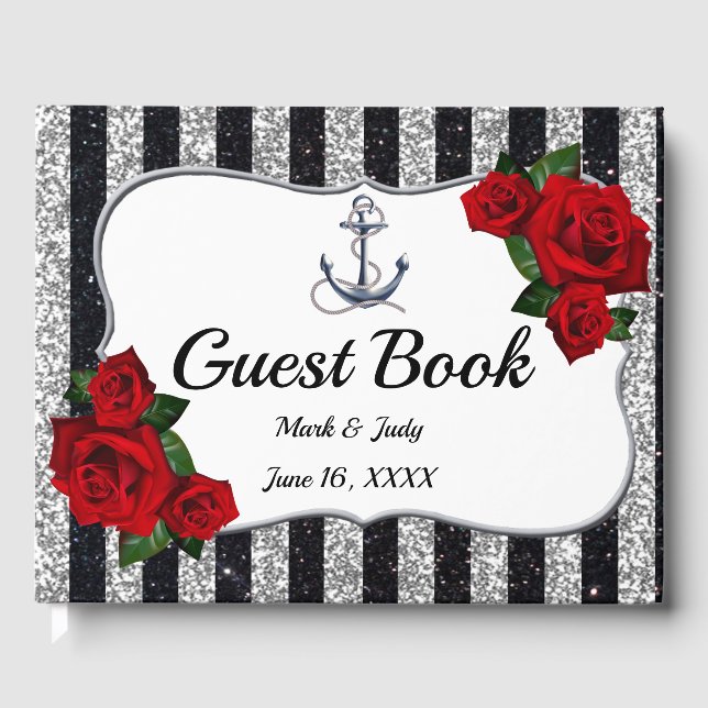 Nautical Anchor Silver Black Stripes Wedding Guest Book (Front)