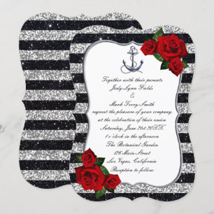 Nautical Anchor Silver Black Stripes Wedding Invitation