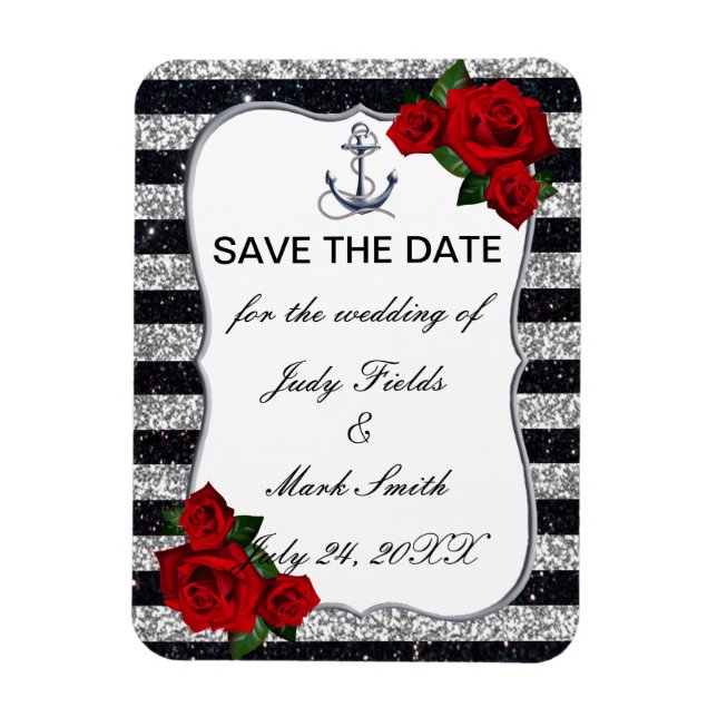 Nautical Anchor Silver Black Stripes Wedding Magnet (Vertical)