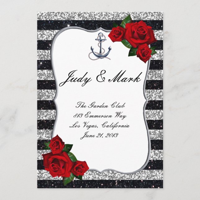 Nautical Anchor Silver Black Stripes Wedding Menu (Front)