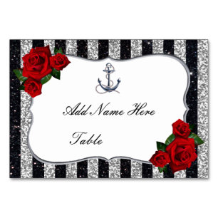 Nautical Anchor Silver Black Stripes Wedding Table Number