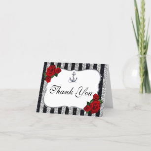 Nautical Anchor Silver Black Stripes Wedding Thank You Card