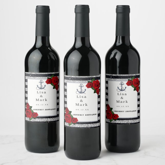 Nautical Anchor Silver Black Stripes Wedding Wine Label (Bottles)