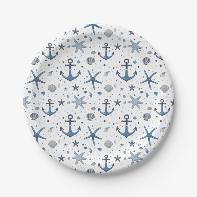Nautical Anchor Starfish Beach Theme Paper Plates (Front)
