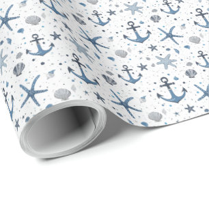 Nautical Anchor Starfish Blue and White Wrapping Paper