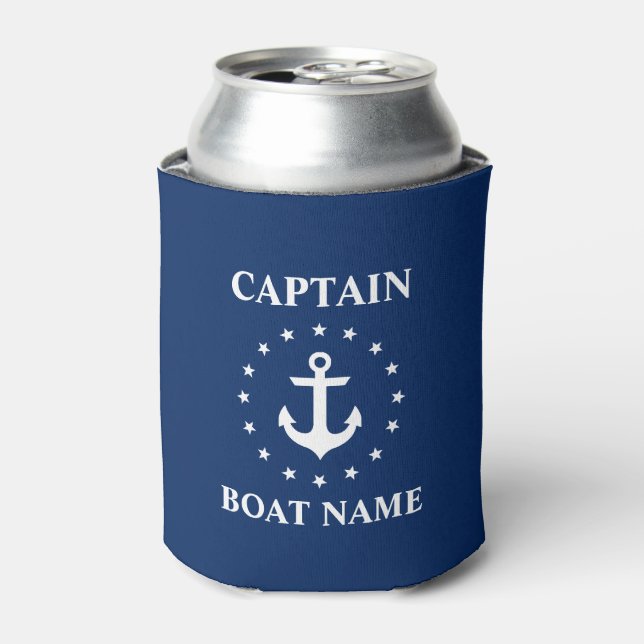 Nautical Anchor Stars Blue Captain Boat Name Can Cooler (Can Front)