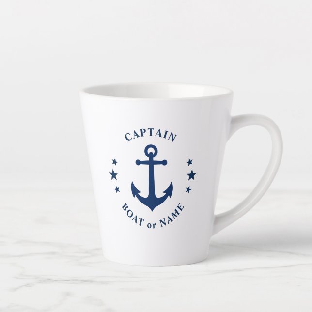 Nautical Anchor Stars Captain Boat Name 2 Sided Latte Mug (Right)