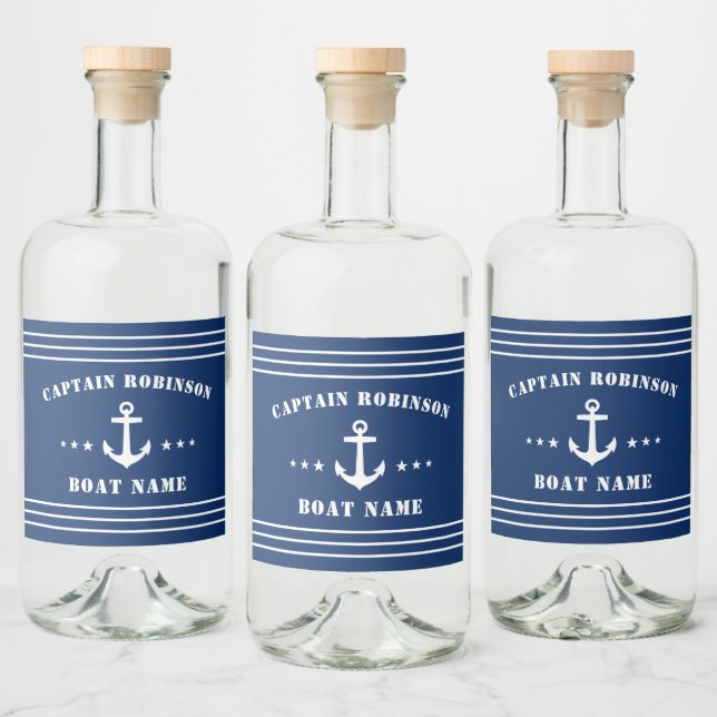Nautical Anchor Stars Captain Name and Boat Navy Liquor Bottle Label (Bottles)