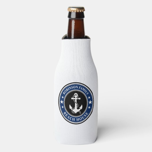 Nautical Anchor Stars Your Family Beach House Navy Bottle Cooler (Bottle Front)